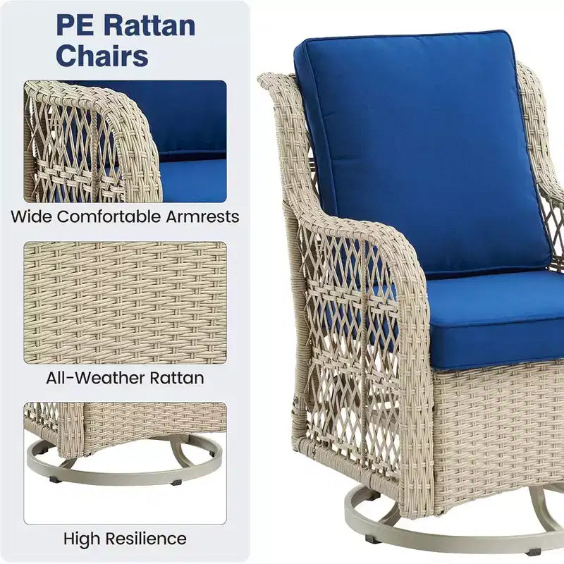 GustoWave 3-Piece Outdoor Wicker Rocking Chair Bistro Set With 2 Swivel Chairs And Tempered Glass Tabletop For Patio Porch Backyard