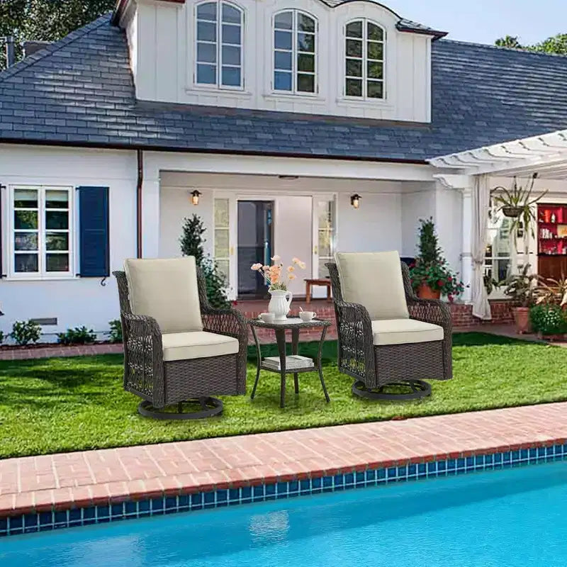 GustoWave 3-Piece Outdoor Wicker Rocking Chair Bistro Set With 2 Swivel Chairs And Tempered Glass Tabletop For Patio Porch Backyard