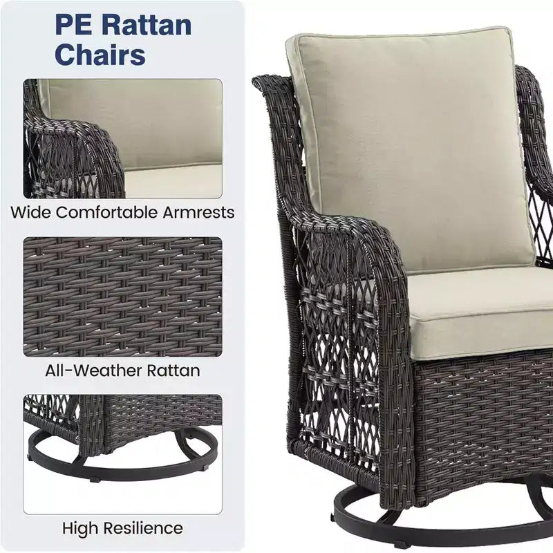 GustoWave 3-Piece Outdoor Wicker Rocking Chair Bistro Set With 2 Swivel Chairs And Tempered Glass Tabletop For Patio Porch Backyard