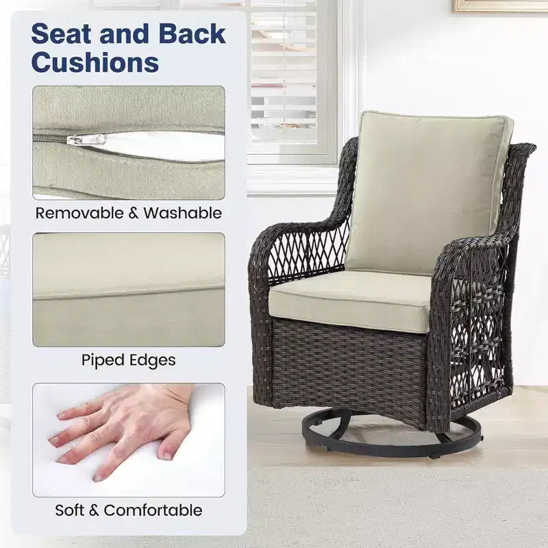GustoWave 3-Piece Outdoor Wicker Rocking Chair Bistro Set With 2 Swivel Chairs And Tempered Glass Tabletop For Patio Porch Backyard