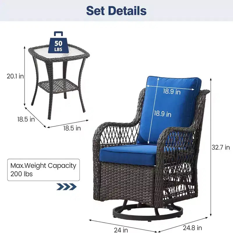 GustoWave 3-Piece Outdoor Wicker Rocking Chair Bistro Set With 2 Swivel Chairs And Tempered Glass Tabletop For Patio Porch Backyard