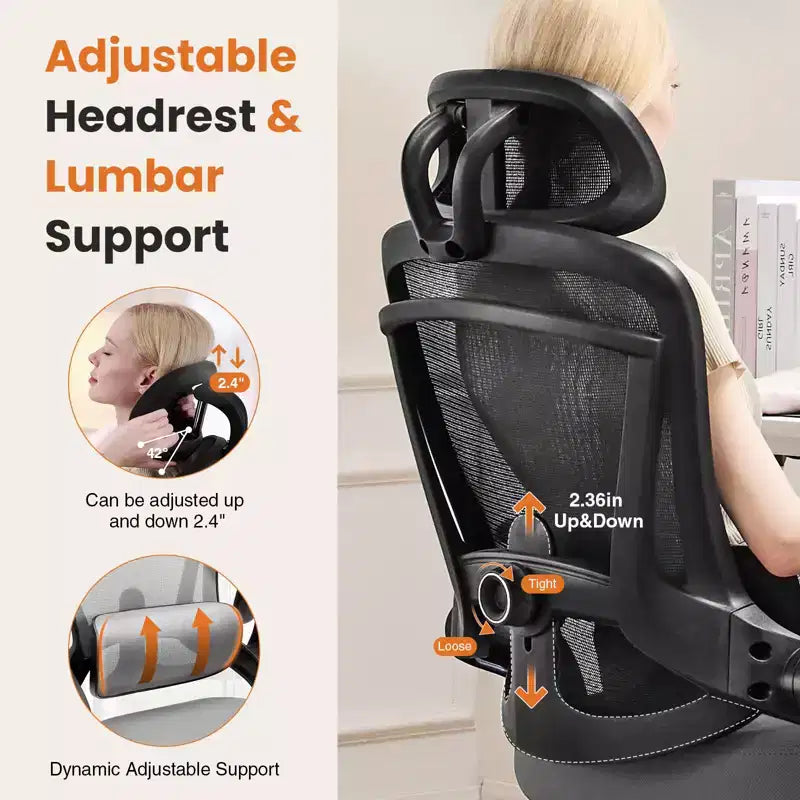 Bestier Office Chair with Adjustable Lumbar Support & Headrest, Comfy Mesh Computer Chair with Soft Flip Up Arms, Adjustable Height Gaming Chair
