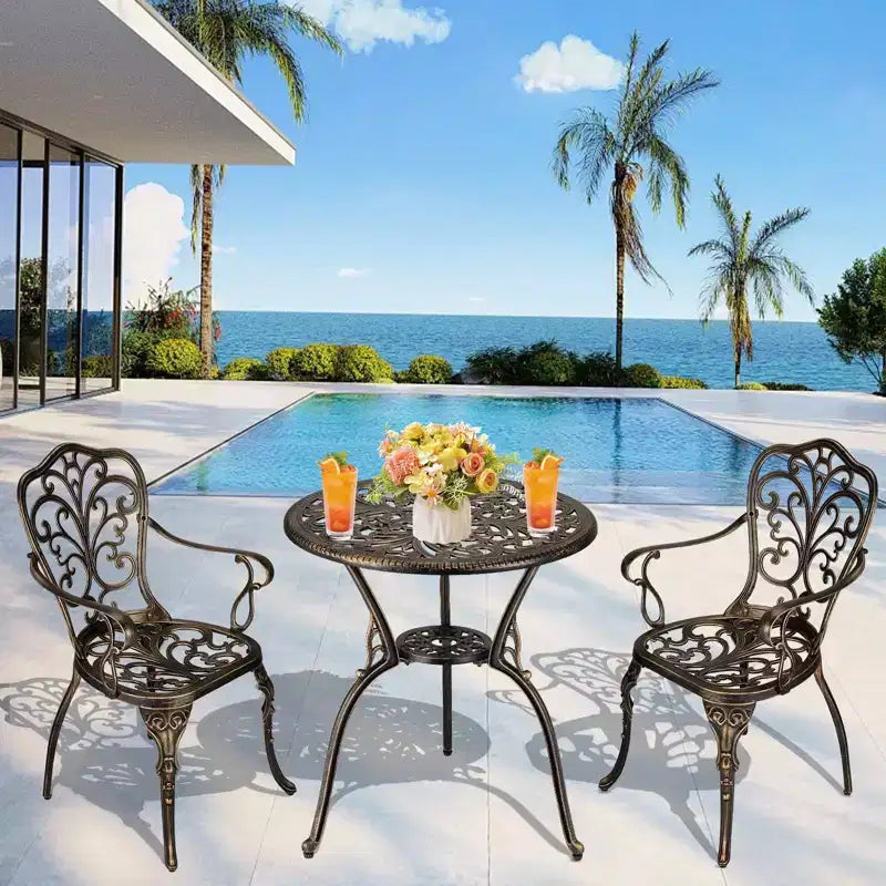 TROPOW 3 Piece Bistro Set, Outdoor Bistro Table and Chairs Set of 2, Rust-Resistant Cast Aluminum All Weather Patio Outdoor Bistro Set with Umbrella