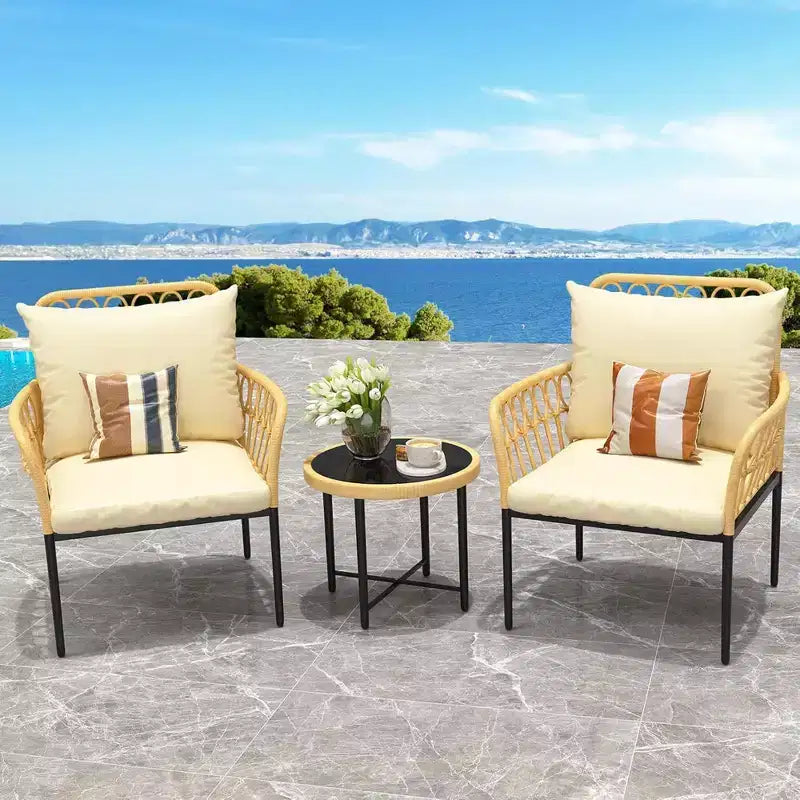 GustoWave 3-Piece Bistro Set With Table And Beige Cushions For Garden Patio Deck