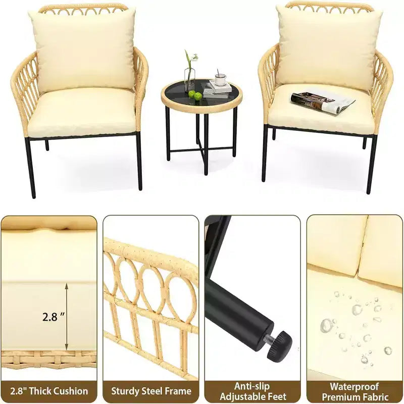 GustoWave 3-Piece Bistro Set With Table And Beige Cushions For Garden Patio Deck