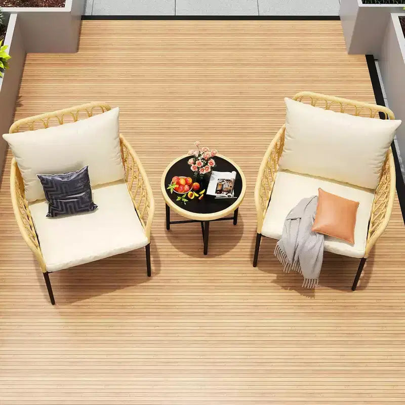 GustoWave 3-Piece Bistro Set With Table And Beige Cushions For Garden Patio Deck