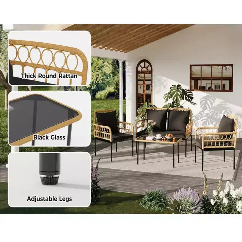GustoWave 4 Piece Outdoor Patio Conversation Set With Coffee Table & Thick Cushions For Small Balcony Garden Yard