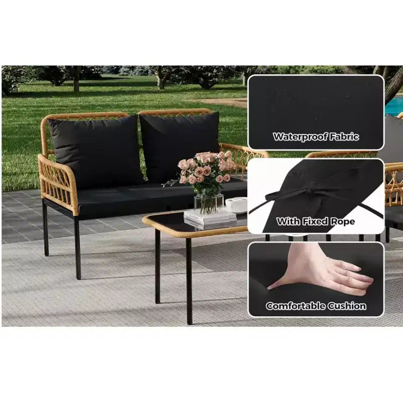 GustoWave 4 Piece Outdoor Patio Conversation Set With Coffee Table & Thick Cushions For Small Balcony Garden Yard
