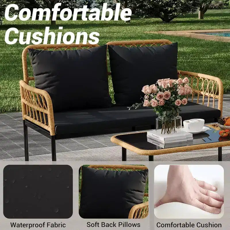 GustoWave 4 Piece Outdoor Patio Conversation Set With Coffee Table & Thick Cushions For Small Balcony Garden Yard