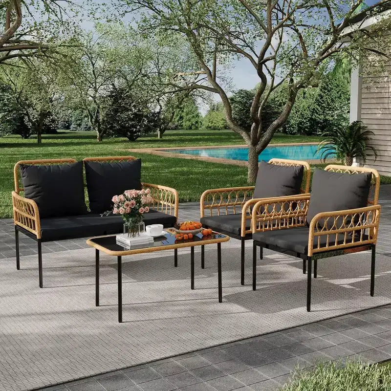 GustoWave 4 Piece Outdoor Patio Conversation Set With Coffee Table & Thick Cushions For Small Balcony Garden Yard