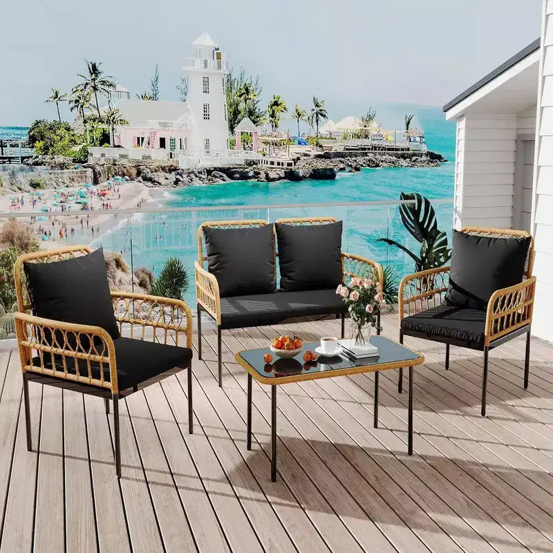 GustoWave 4 Piece Outdoor Patio Conversation Set With Coffee Table & Thick Cushions For Small Balcony Garden Yard