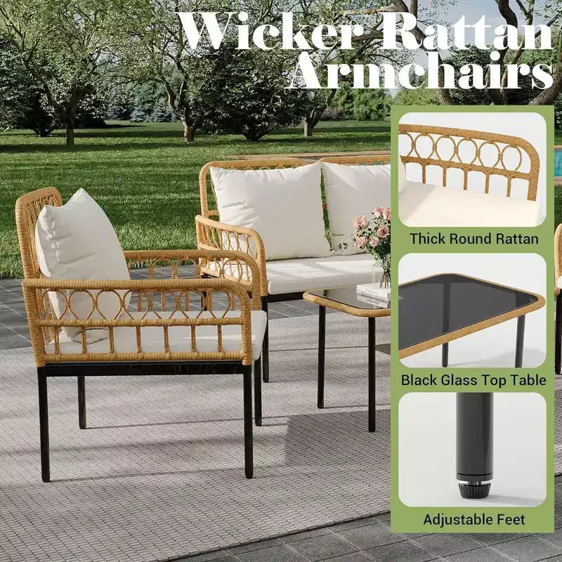 GustoWave 4 Piece Outdoor Patio Conversation Set With Coffee Table & Thick Cushions For Small Balcony Garden Yard