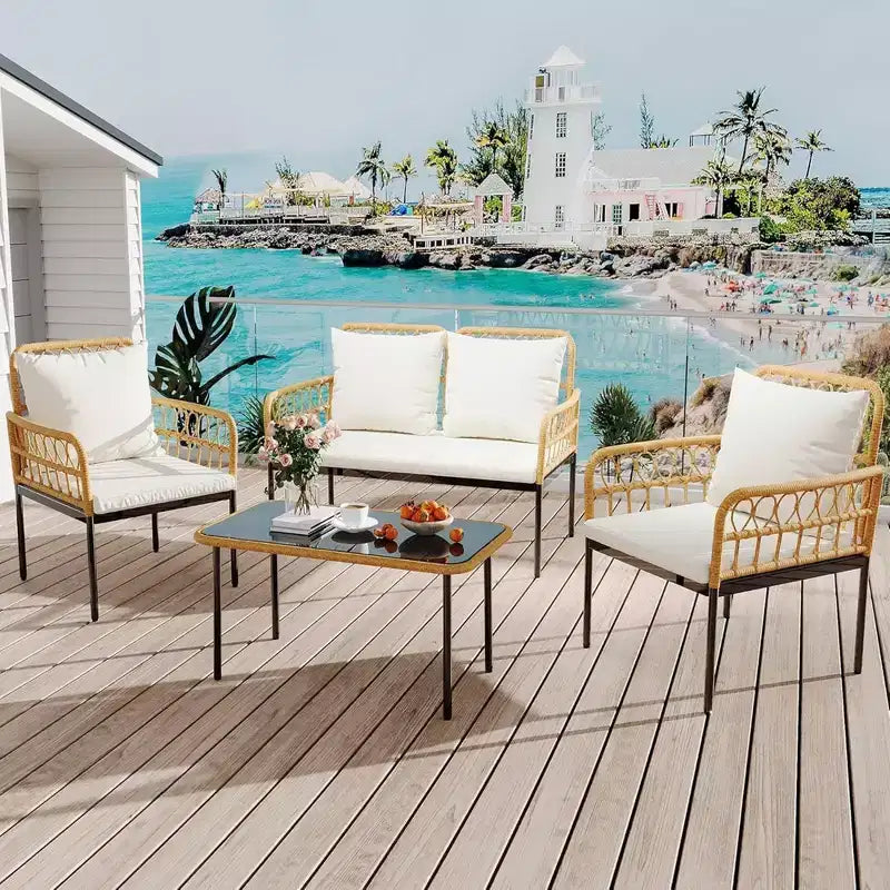 GustoWave 4 Piece Outdoor Patio Conversation Set With Coffee Table & Thick Cushions For Small Balcony Garden Yard