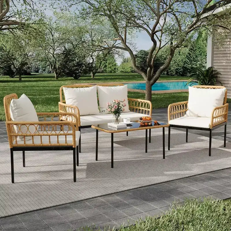 GustoWave 4 Piece Outdoor Patio Conversation Set With Coffee Table & Thick Cushions For Small Balcony Garden Yard