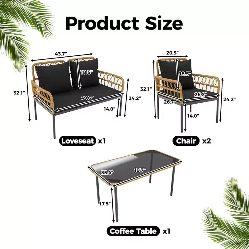 GustoWave 4 Piece Outdoor Patio Conversation Set With Coffee Table & Thick Cushions For Small Balcony Garden Yard