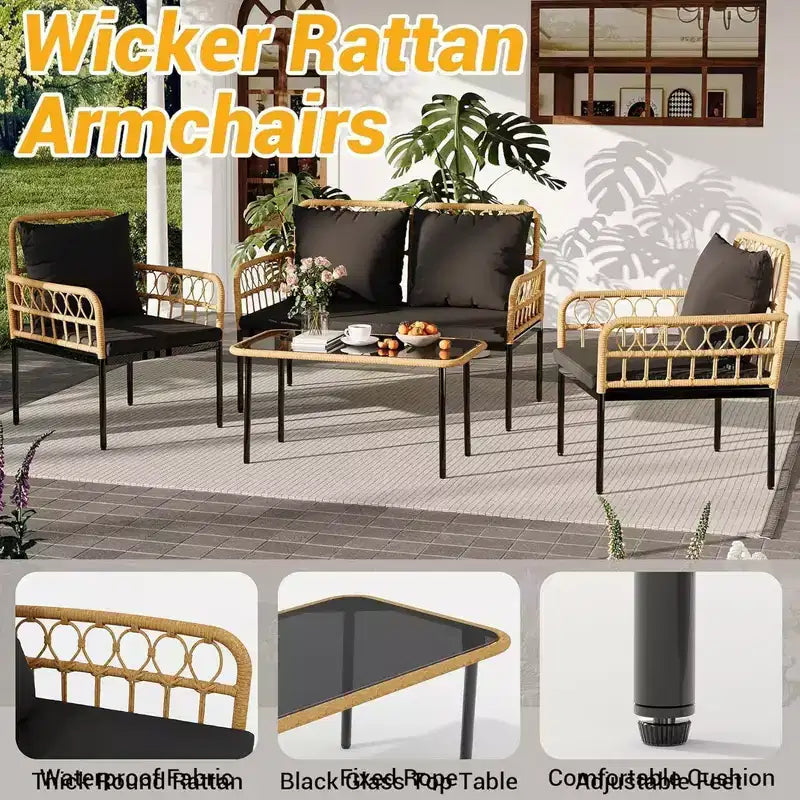 GustoWave 4 Piece Outdoor Patio Conversation Set With Coffee Table & Thick Cushions For Small Balcony Garden Yard
