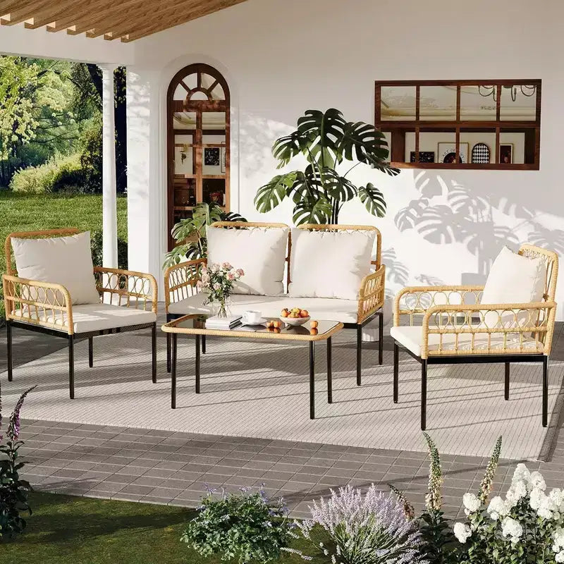 GustoWave 4 Piece Outdoor Patio Conversation Set With Coffee Table & Thick Cushions For Small Balcony Garden Yard