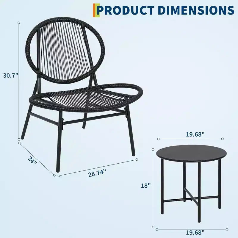GustoWave 3-Piece Patio Bistro Set With Side Table And 2 Chairs For Balcony, Patio, Garden, Black
