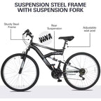 hykolity Mountain Bike 26 inch MTB Bicycle 18 Speed Cycling for Adult Men Women Outdoor Trail Off-Road Sport Bikes Black Dual Full Suspension