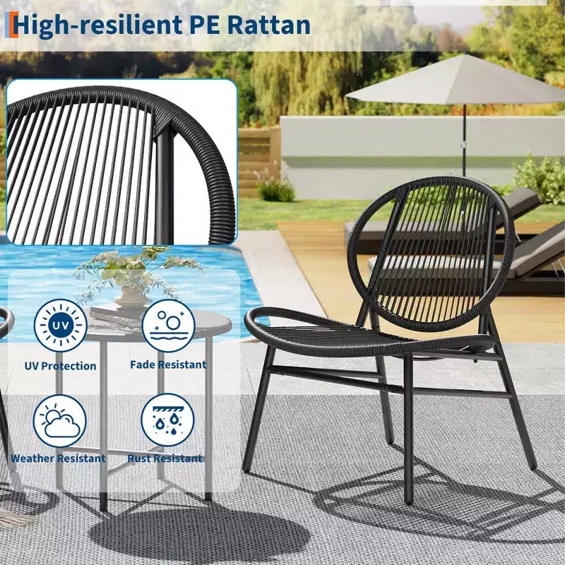 3 Piece Patio Bistro Set, Outdoor Seating Acapulco Chairs, All Weather Modern Patio Chairs Set of 2 with Side Table, Patio Conversation Bistro Set