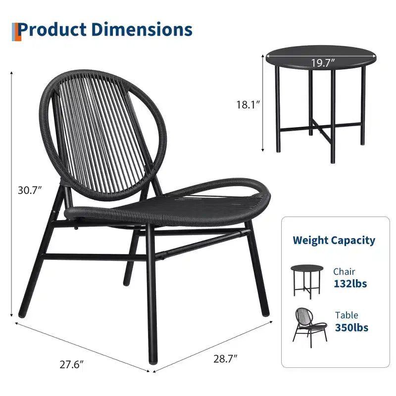 3 Piece Patio Bistro Set, Outdoor Seating Acapulco Chairs, All Weather Modern Patio Chairs Set of 2 with Side Table, Patio Conversation Bistro Set
