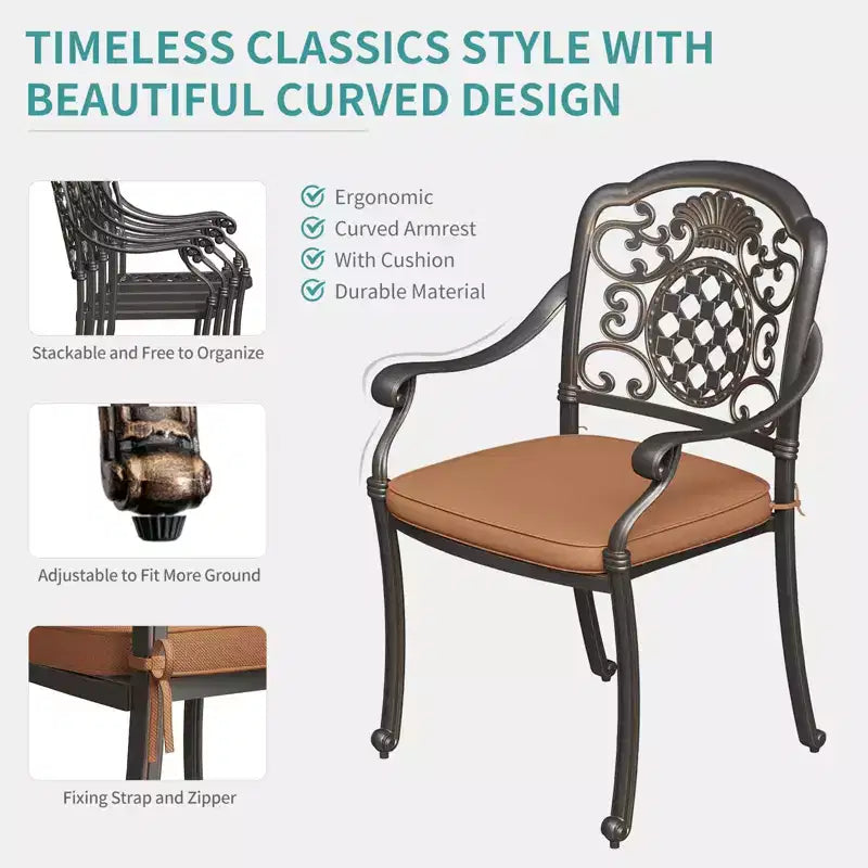 2 Piece Patio Dining Chairs with Cushions, Outdoor All-Weather Cast Aluminum Chairs, Patio Bistro Dining Chair Set of 2 for Garden Deck Backyard