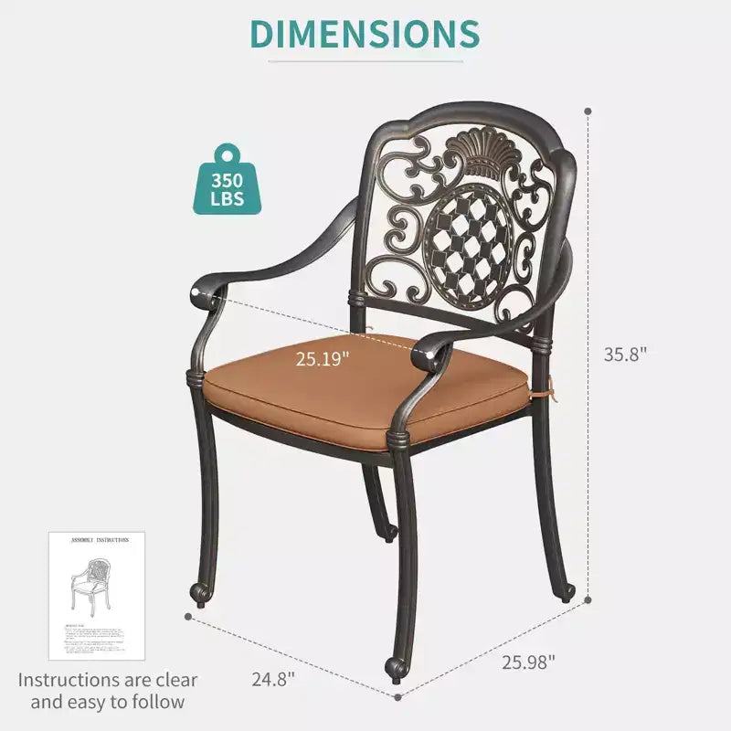 2 Piece Patio Dining Chairs with Cushions, Outdoor All-Weather Cast Aluminum Chairs, Patio Bistro Dining Chair Set of 2 for Garden Deck Backyard