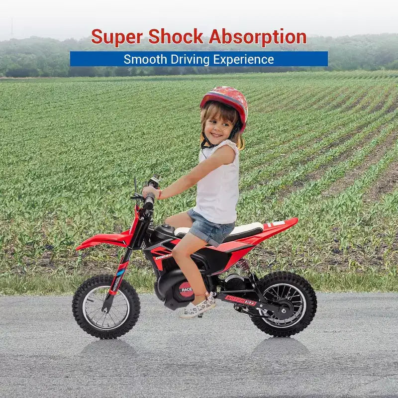 24V Kids Ride On Electric Off-Road Motorcycle,250W Motor 13.6MPH Fast Speed Dirt Bike Motocross,Leather Seat,for Kids Riding Toy, Red