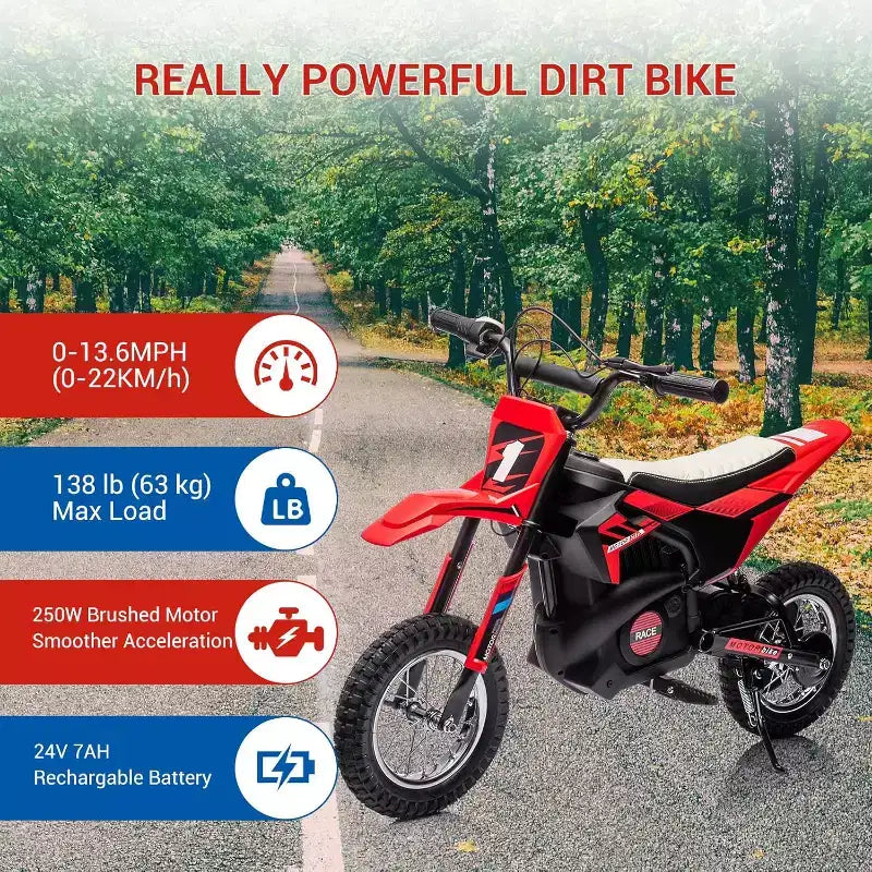 24V Kids Ride On Electric Off-Road Motorcycle,250W Motor 13.6MPH Fast Speed Dirt Bike Motocross,Leather Seat,for Kids Riding Toy, Red