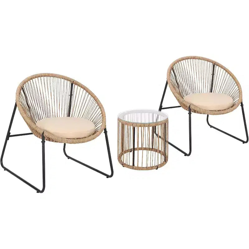 3 Piece Outdoor Seating Acapulco Chair Glass Top Side Table and 2 Chairs with Cushions PE Rattan All-Weather Patio Conversation Bistro Set