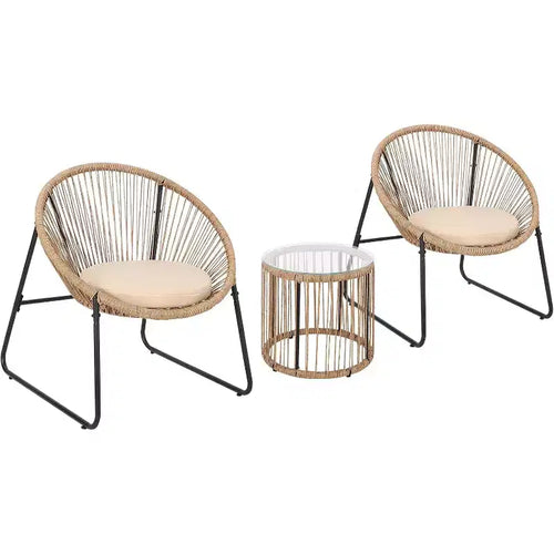 3 Piece Outdoor Seating Acapulco Chair Glass Top Side Table and 2 Chairs with Cushions PE Rattan All-Weather Patio Conversation Bistro Set