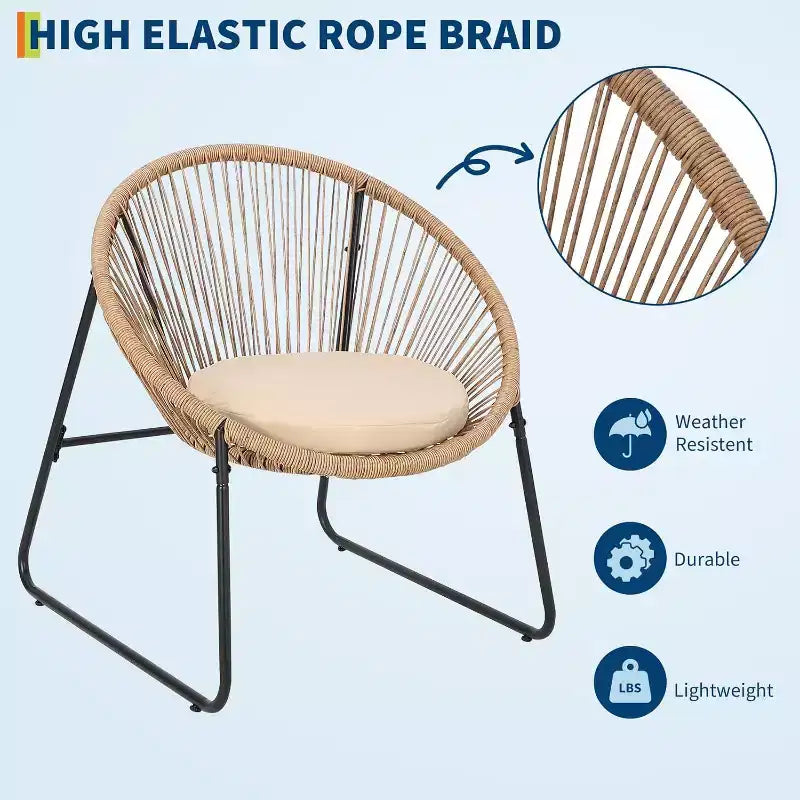 3 Piece Outdoor Seating Acapulco Chair Glass Top Side Table and 2 Chairs with Cushions PE Rattan All-Weather Patio Conversation Bistro Set