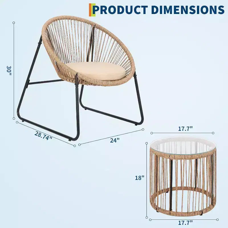 3 Piece Outdoor Seating Acapulco Chair Glass Top Side Table and 2 Chairs with Cushions PE Rattan All-Weather Patio Conversation Bistro Set