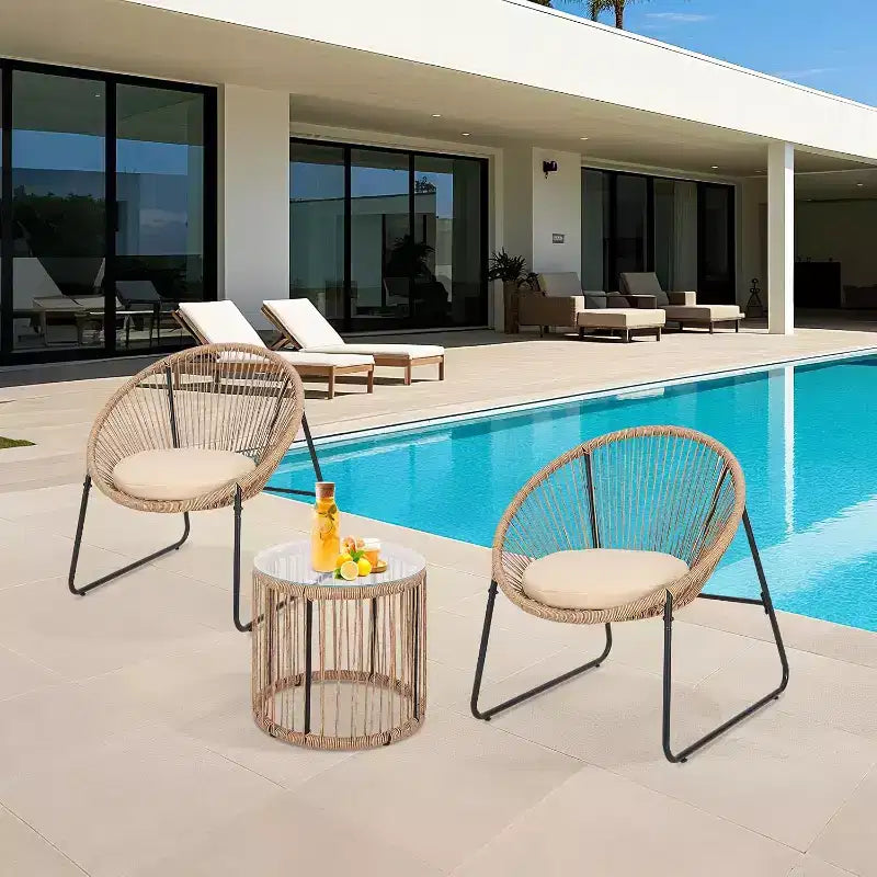 3 Piece Outdoor Seating Acapulco Chair Glass Top Side Table and 2 Chairs with Cushions PE Rattan All-Weather Patio Conversation Bistro Set