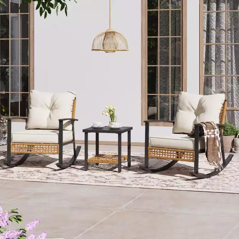 LAUSAINT HOME 3 Pieces Rocking Bistro Set Oversize Rattan Conversation Set Thick Cushions for Garden