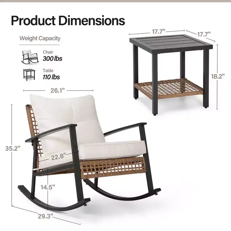 LAUSAINT HOME 3 Pieces Rocking Bistro Set Oversize Rattan Conversation Set Thick Cushions for Garden