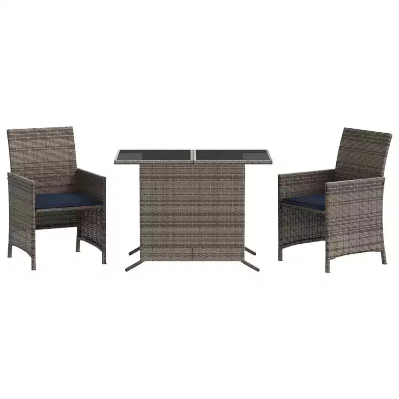 vidaXL 3 Piece Poly Rattan Bistro Set with Cushions - Gray Outdoor Patio Furniture with Tempered Glass Table and Comfortable Armchairs