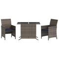 vidaXL 3 Piece Poly Rattan Bistro Set with Cushions - Gray Outdoor Patio Furniture with Tempered Glass Table and Comfortable Armchairs