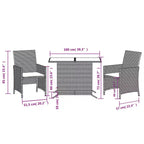 vidaXL 3 Piece Poly Rattan Bistro Set with Cushions - Gray Outdoor Patio Furniture with Tempered Glass Table and Comfortable Armchairs