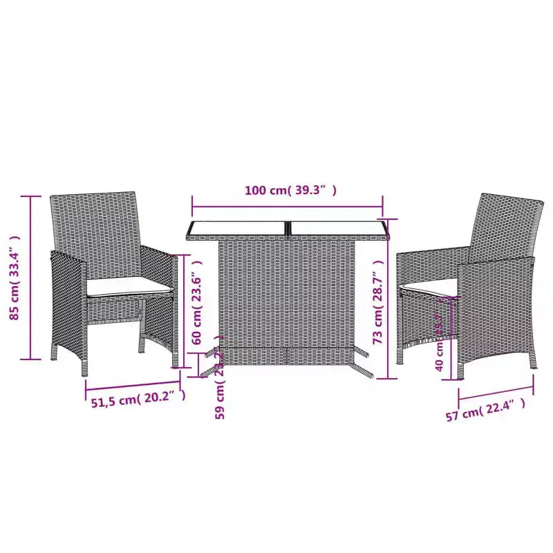 vidaXL 3 Piece Poly Rattan Bistro Set with Cushions - Gray Outdoor Patio Furniture with Tempered Glass Table and Comfortable Armchairs