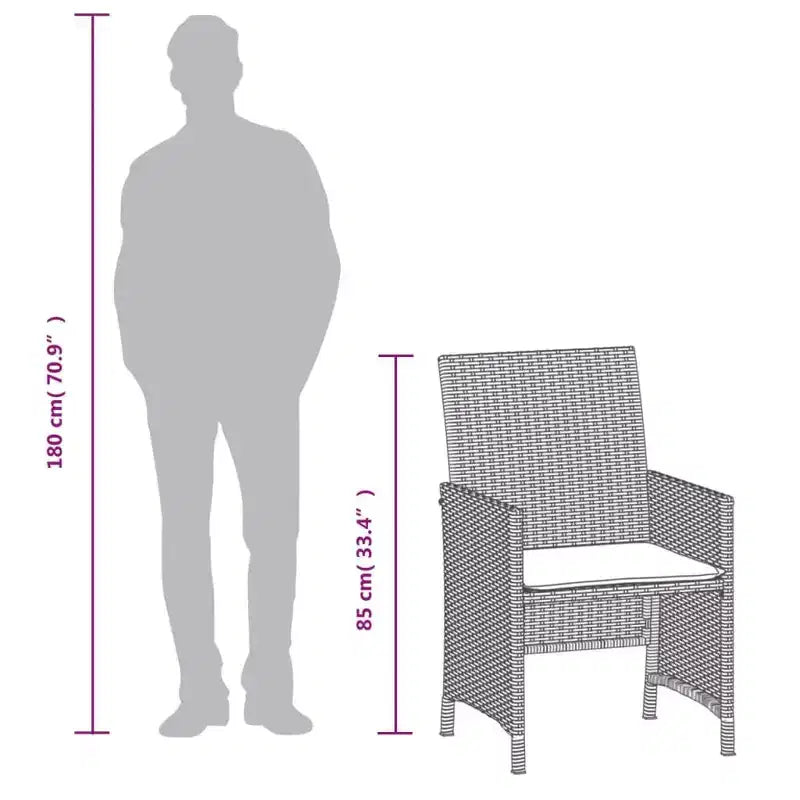 vidaXL 3 Piece Poly Rattan Bistro Set with Cushions - Gray Outdoor Patio Furniture with Tempered Glass Table and Comfortable Armchairs