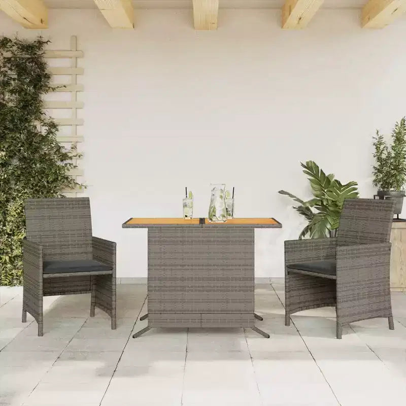 vidaXL 3 Piece Poly Rattan Bistro Set with Cushions - Gray Outdoor Patio Furniture with Tempered Glass Table and Comfortable Armchairs