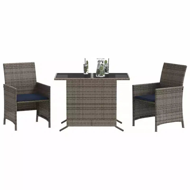 vidaXL 3 Piece Poly Rattan Bistro Set with Cushions - Gray Outdoor Patio Furniture with Tempered Glass Table and Comfortable Armchairs