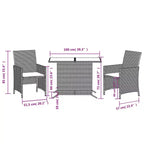 vidaXL 3 Piece Poly Rattan Bistro Set with Cushions - Gray Outdoor Patio Furniture with Tempered Glass Table and Comfortable Armchairs