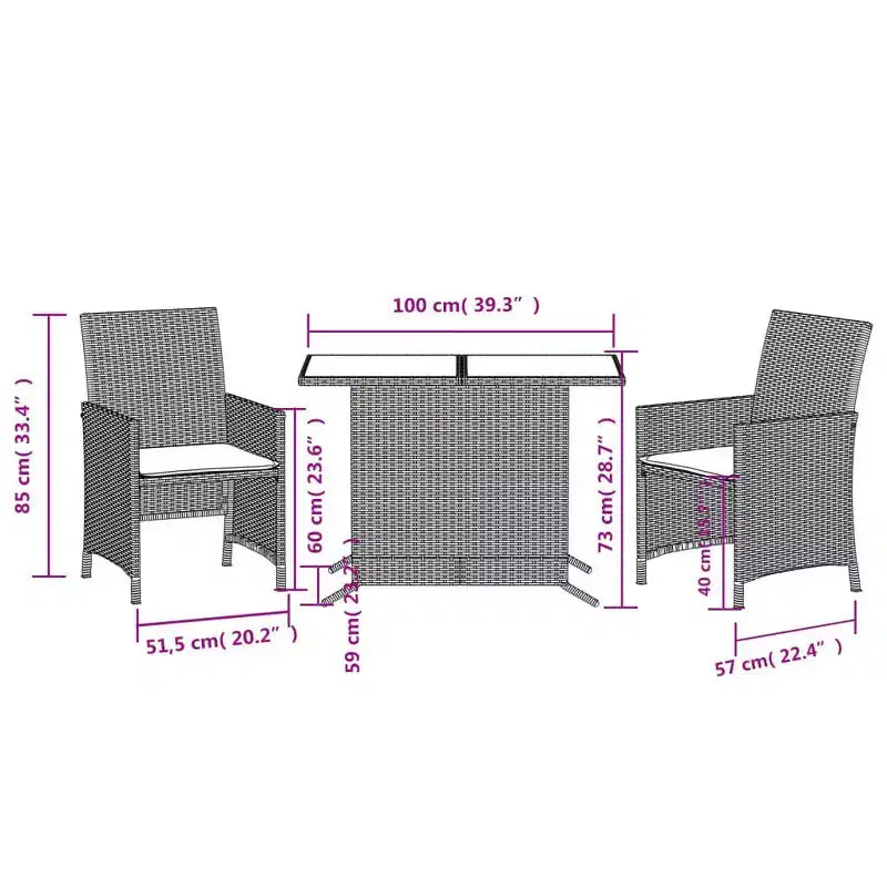 vidaXL 3 Piece Poly Rattan Bistro Set with Cushions - Gray Outdoor Patio Furniture with Tempered Glass Table and Comfortable Armchairs