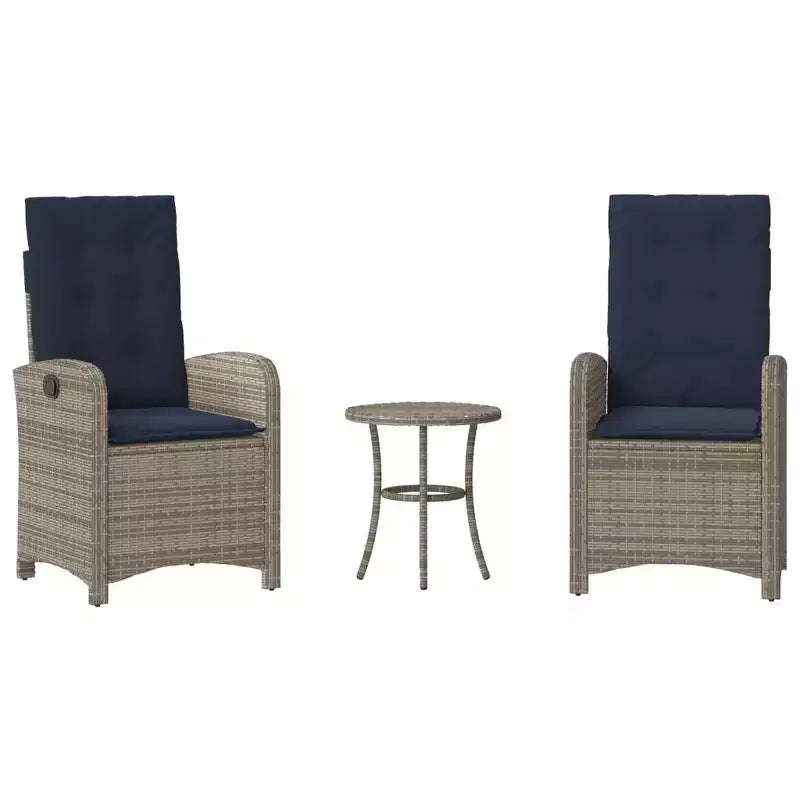 vidaXL 3-Piece Poly Rattan Bistro Set - Adjustable Reclining Chairs with Cushions & Round Table, Weather-Resistant, Gray/Navy Blue