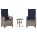 vidaXL 3-Piece Poly Rattan Bistro Set - Adjustable Reclining Chairs with Cushions & Round Table, Weather-Resistant, Gray/Navy Blue