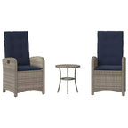 vidaXL 3-Piece Poly Rattan Bistro Set - Adjustable Reclining Chairs with Cushions & Round Table, Weather-Resistant, Gray/Navy Blue