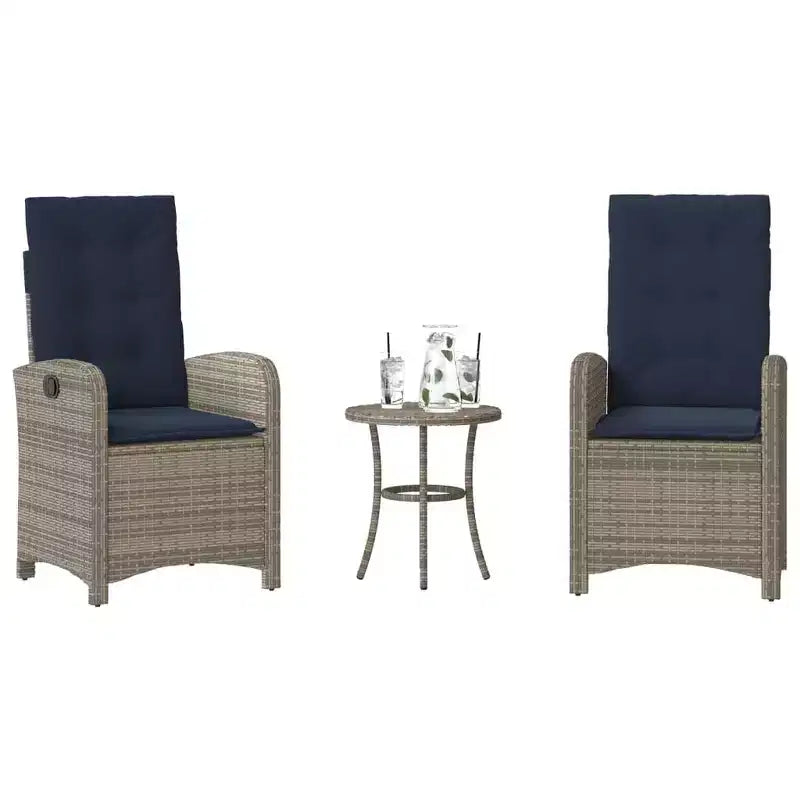 vidaXL 3-Piece Poly Rattan Bistro Set - Adjustable Reclining Chairs with Cushions & Round Table, Weather-Resistant, Gray/Navy Blue