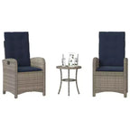 vidaXL 3-Piece Poly Rattan Bistro Set - Adjustable Reclining Chairs with Cushions & Round Table, Weather-Resistant, Gray/Navy Blue